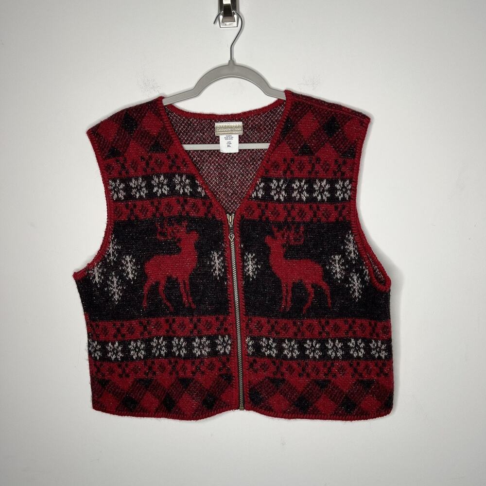 Coldwater Creek Sweater Vest Womens XL Red 100% Wool Zip Fair Isle Reindeer USA